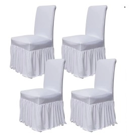 Chair Covers for Dining Room Set of 4 Stretch Chair Slipcovers with Skirt for Kitchen Seat Protectors (White)