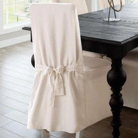 Cotton Duck Canvas Long Dining Room Chair Covers, Dining Chair Cover with 17 Inch Long Skirt and Corner Pleats, Natural