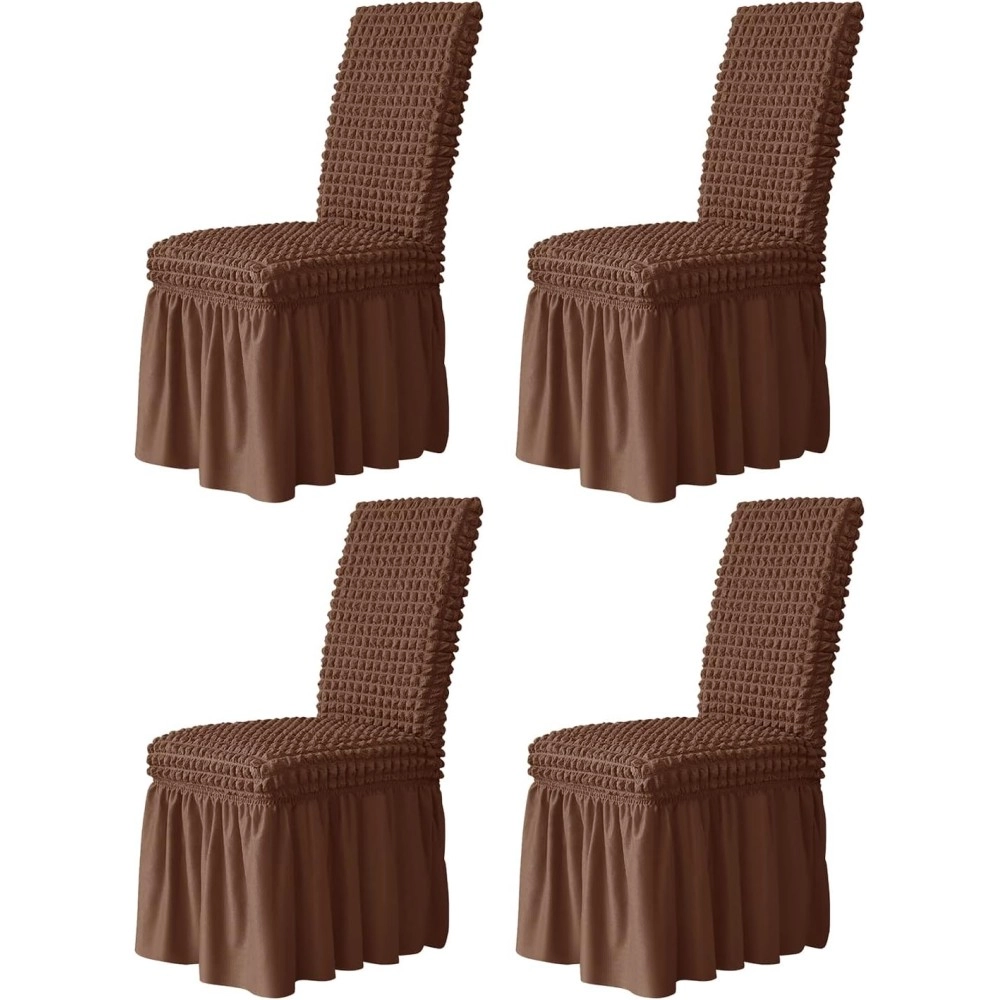 Dining Chair Covers with Skirt, Chair Covers for Dining Room Set of 4, Durable Washable High Elastic Stretchable(Brown)