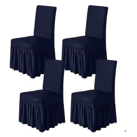 Chair Covers for Dining Room Set of 4 Stretch Chair Slipcovers with Skirt for Kitchen Seat Protectors (Navy Blue)