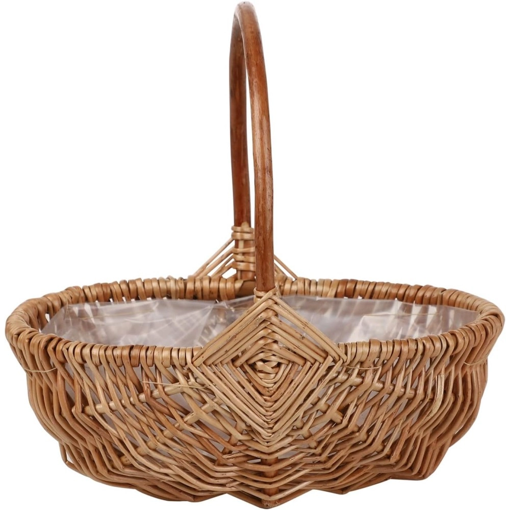 Rattan Flower Basket, Handmade Wicker Planter Basket with Plastic Liner & Handle, Woven Storage Basket, Brown