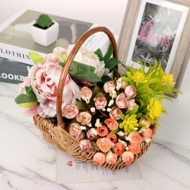 Rattan Flower Basket, Handmade Wicker Planter Basket with Plastic Liner & Handle, Woven Storage Basket, Brown