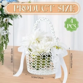 4 Pcs White Flower Girl Basket with Pearl Handle Wedding Flower Basket with Handle for Wedding Girls Set, 5.5 x 4.33 Inches