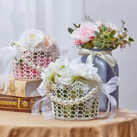 4 Pcs White Flower Girl Basket with Pearl Handle Wedding Flower Basket with Handle for Wedding Girls Set, 5.5 x 4.33 Inches