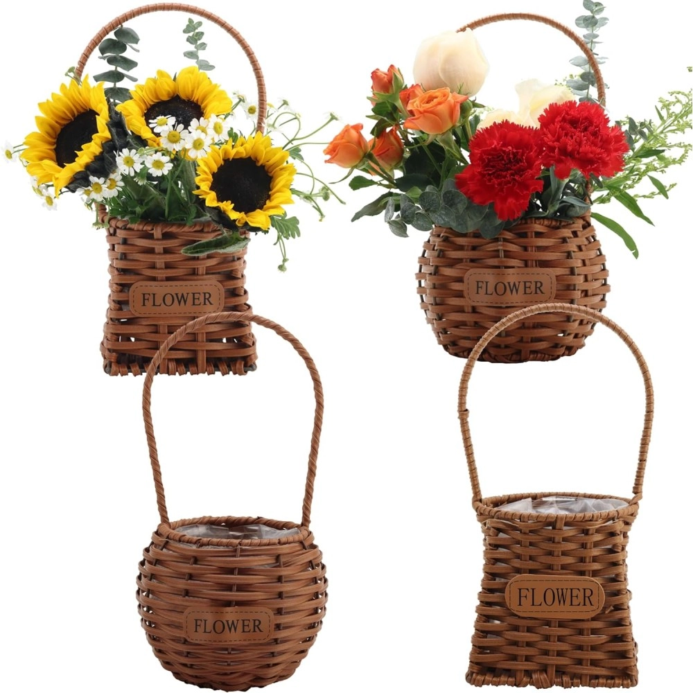 Set of 4 Flower Basket with Handle, Imitation Rattan Woven Picnic Basket with Plastic Waterproof Lining, Flower Girl Baskets