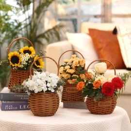 Set of 4 Flower Basket with Handle, Imitation Rattan Woven Picnic Basket with Plastic Waterproof Lining, Flower Girl Baskets