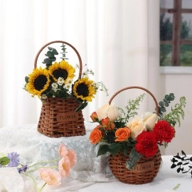 Set of 4 Flower Basket with Handle, Imitation Rattan Woven Picnic Basket with Plastic Waterproof Lining, Flower Girl Baskets