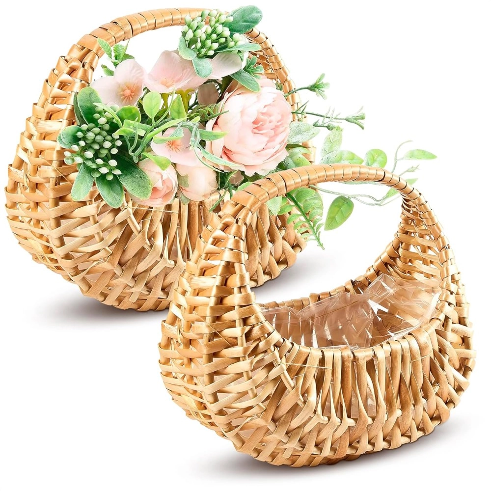 2Pcs Small Wicker Basket with Handle - Flower Girl Baskets Empty Gift Basket Rattan Basket for Wedding Flower Basket for Gift