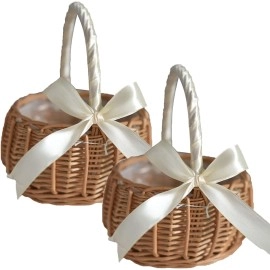 2PCS Wedding Flower Girl Basket Set,Wicker Rattan Flower Basket with Handle,Petal Basket Candy Storage Basket ,5.9x7.5 in