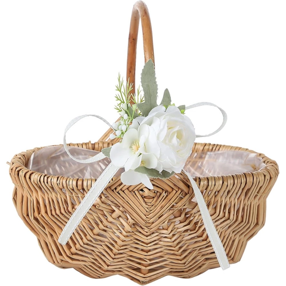 Flower Girl Basket with Handle,Hand-Woven Picking Basket Eggs Storage Basket,Rustic Wedding Petal Wicker Rattan Baskets