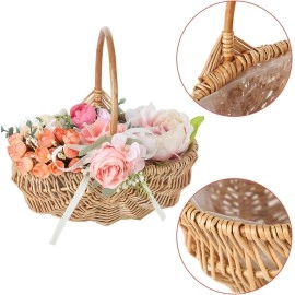 Flower Girl Basket with Handle,Hand-Woven Picking Basket Eggs Storage Basket,Rustic Wedding Petal Wicker Rattan Baskets