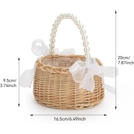 Elegant Wedding Flower Girl Basket with Pearl Handle and Ribbon Bow, Bowknot Satin Flower Basket for wedding