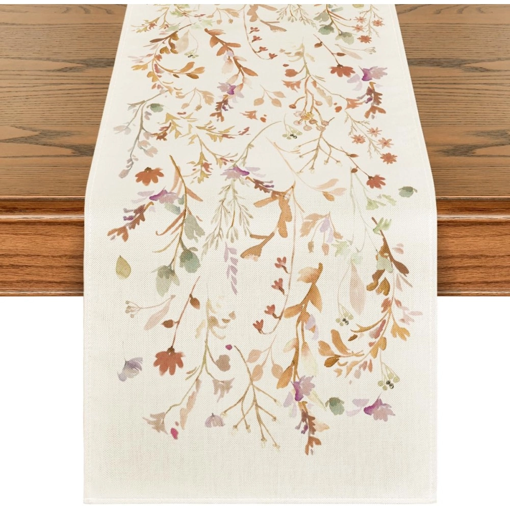 Floral Leaves Fall Table Runner, Wild Flowers and Grasses Seasonal Autumn Kitchen Dining Table Decoration 13x72 Inch