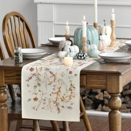 Floral Leaves Fall Table Runner, Wild Flowers and Grasses Seasonal Autumn Kitchen Dining Table Decoration 13x72 Inch