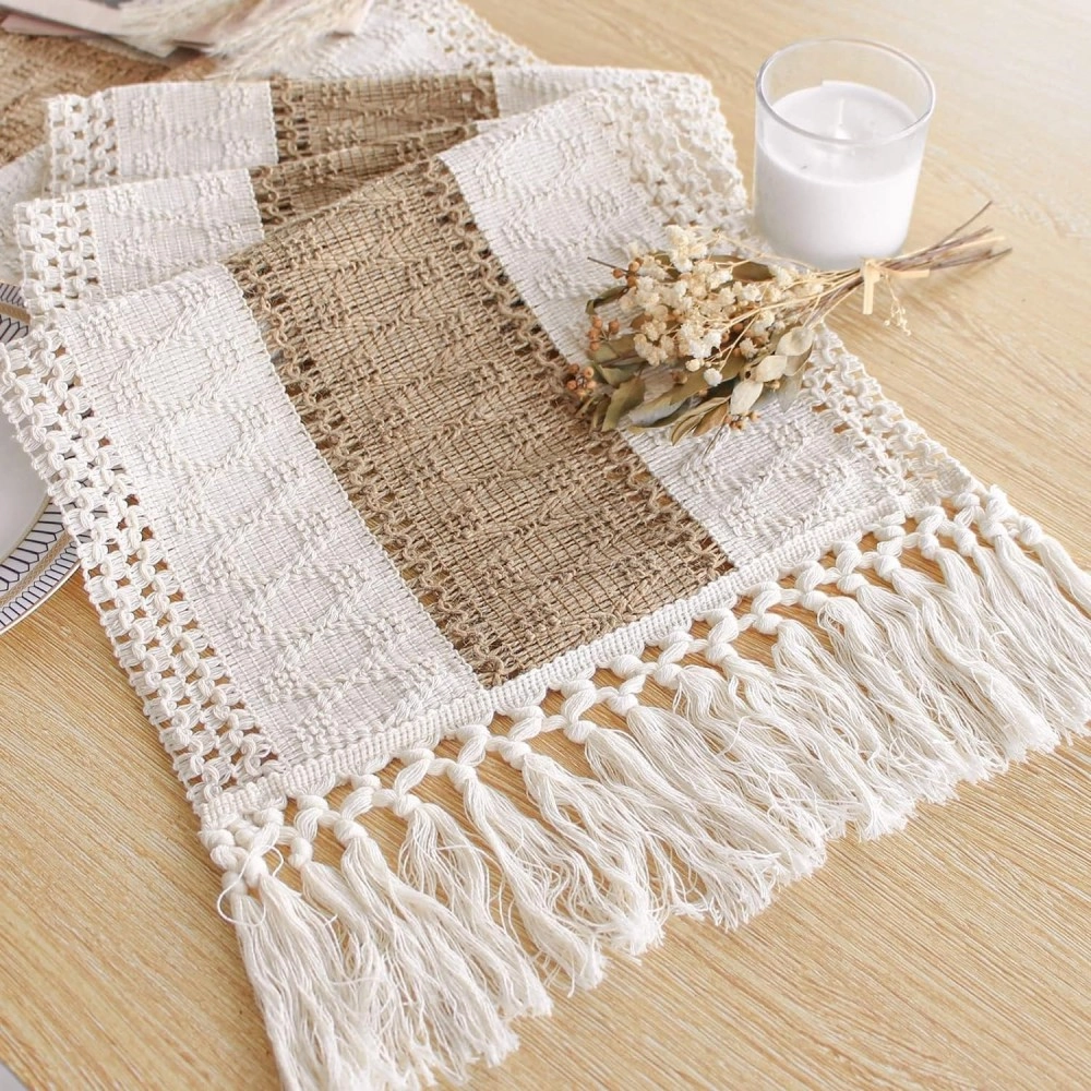 Table Runner for Home Decor with Tassels Rustic Table Runner Cream & Brown Macrame Burlap Fall Table Decoration(12x72 Inches)