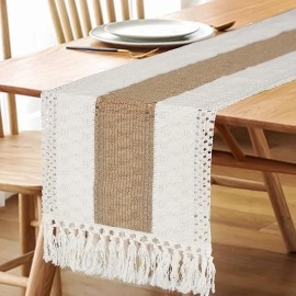 Table Runner for Home Decor with Tassels Rustic Table Runner Cream & Brown Macrame Burlap Fall Table Decoration(12x72 Inches)