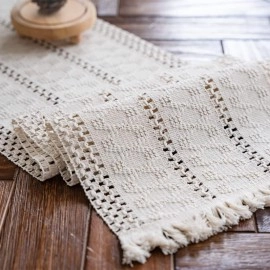 Table Runner Cream Beige Boho Table Runner with Tassels Hand Woven Cotton Table Runner Rustic Farmhouse Table Runner(12x71in)