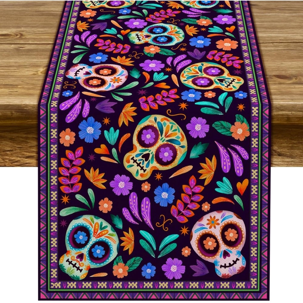 Table Runner Cinco de Mayo Rustic Linen Mexican Sugar Skull Day of The Dead Altar Decoration(13" x 72")