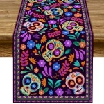 Table Runner Cinco de Mayo Rustic Linen Mexican Sugar Skull Day of The Dead Altar Decoration(13" x 72")