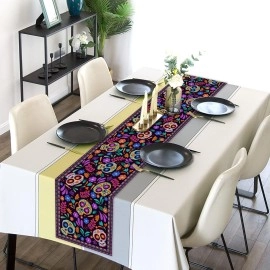 Table Runner Cinco de Mayo Rustic Linen Mexican Sugar Skull Day of The Dead Altar Decoration(13" x 72")