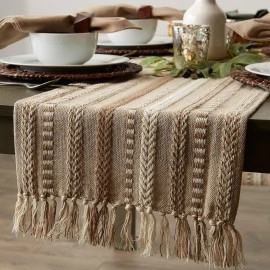 Farmhouse Braided Stripe Table Runner Collection, 15x72 (15x77, Fringe Included), Stone