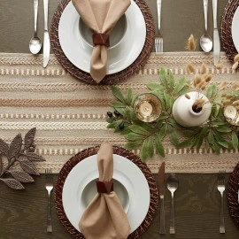 Farmhouse Braided Stripe Table Runner Collection, 15x72 (15x77, Fringe Included), Stone