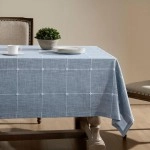 Grid Embroidered Hemmed Tablecloths, Blue 60x84 Inch, Heavy Weight Cotton Linen Dusty Plaid Water Resistant Table Cloth