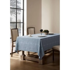 Grid Embroidered Hemmed Tablecloths, Blue 60x84 Inch, Heavy Weight Cotton Linen Dusty Plaid Water Resistant Table Cloth