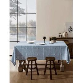 Grid Embroidered Hemmed Tablecloths, Blue 60x84 Inch, Heavy Weight Cotton Linen Dusty Plaid Water Resistant Table Cloth