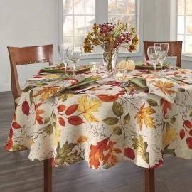 Home Fashions Autumn Leaves Fall Printed Wrinkle Resistant Tablecloth, Holiday Table Cover, 70" Round