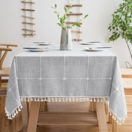 Cotton Linen Rectangular Table Cloth, Wrinkle Resistant, Waterproof Washable Table Cover with Tassels, 55''x70'', Grey