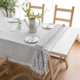 Cotton Linen Rectangular Table Cloth, Wrinkle Resistant, Waterproof Washable Table Cover with Tassels, 55''x70'', Grey