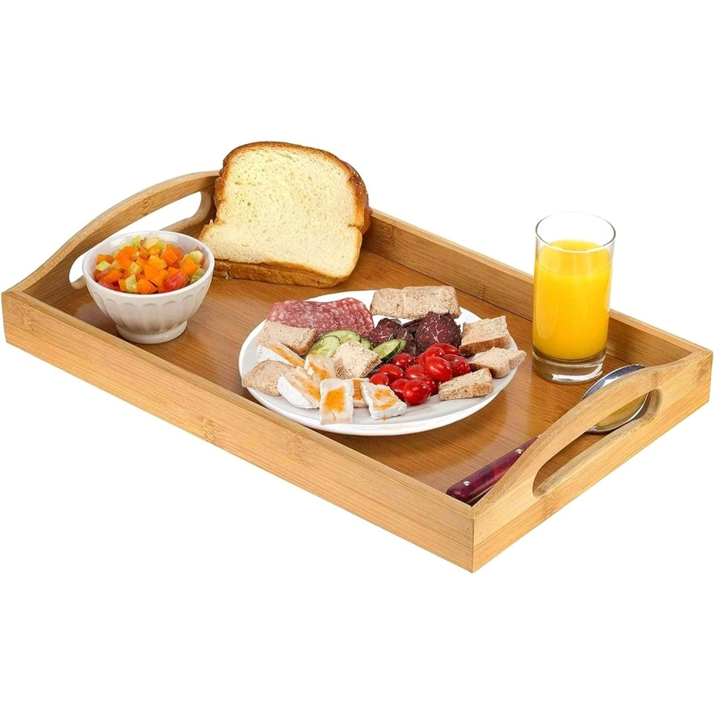 Serving Tray Bamboo - Wooden Tray with Handles - Great for Dinner Trays, Tea Tray, Bar Tray, Breakfast Tray, or Any Food Tray