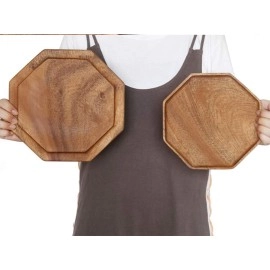 Set of 2 Acacia Wooden Trays Serving Platters Octagon Square Serving Tray Bread Charcuterie Board