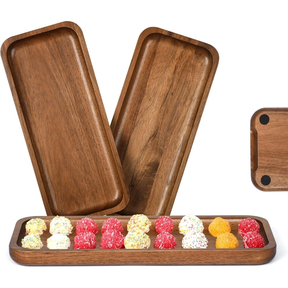 Acacia Wooden Tray Pack of 3 - Wood Serving Tray, Rectangle Cheese Tray  (11.8 x 5.11 inches)