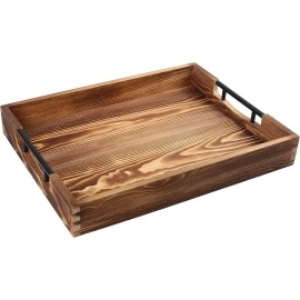 Large Ottoman Tray for Living Room, 17x13'' Wood Serving Tray with Handles, 2 Skidproof Coasters Included