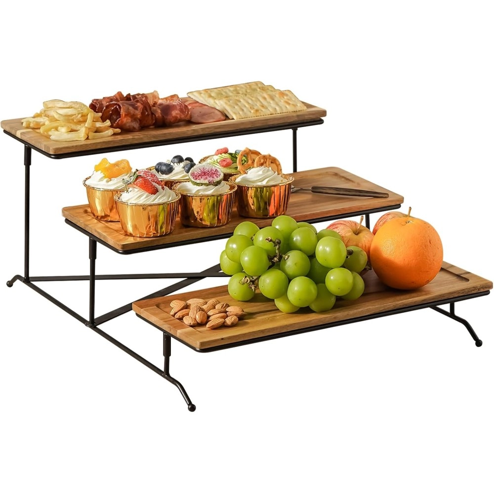 3 Tier Serving Stand with Wooden Serving Platter, Tier Serving Trays with Collapsible Sturdier Rack, Rectangle Wood Trays