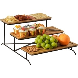 3 Tier Serving Stand with Wooden Serving Platter, Tier Serving Trays with Collapsible Sturdier Rack, Rectangle Wood Trays