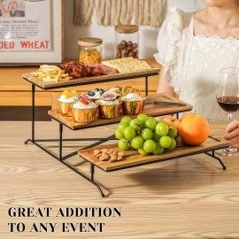 3 Tier Serving Stand with Wooden Serving Platter, Tier Serving Trays with Collapsible Sturdier Rack, Rectangle Wood Trays