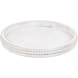 Round Wood Serving Tray with Beads, White Washed Wooden Decorative Tray for Entertaining, Decoration, and Gifting