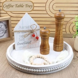 Round Wood Serving Tray with Beads, White Washed Wooden Decorative Tray for Entertaining, Decoration, and Gifting