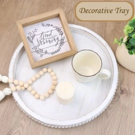 Round Wood Serving Tray with Beads, White Washed Wooden Decorative Tray for Entertaining, Decoration, and Gifting