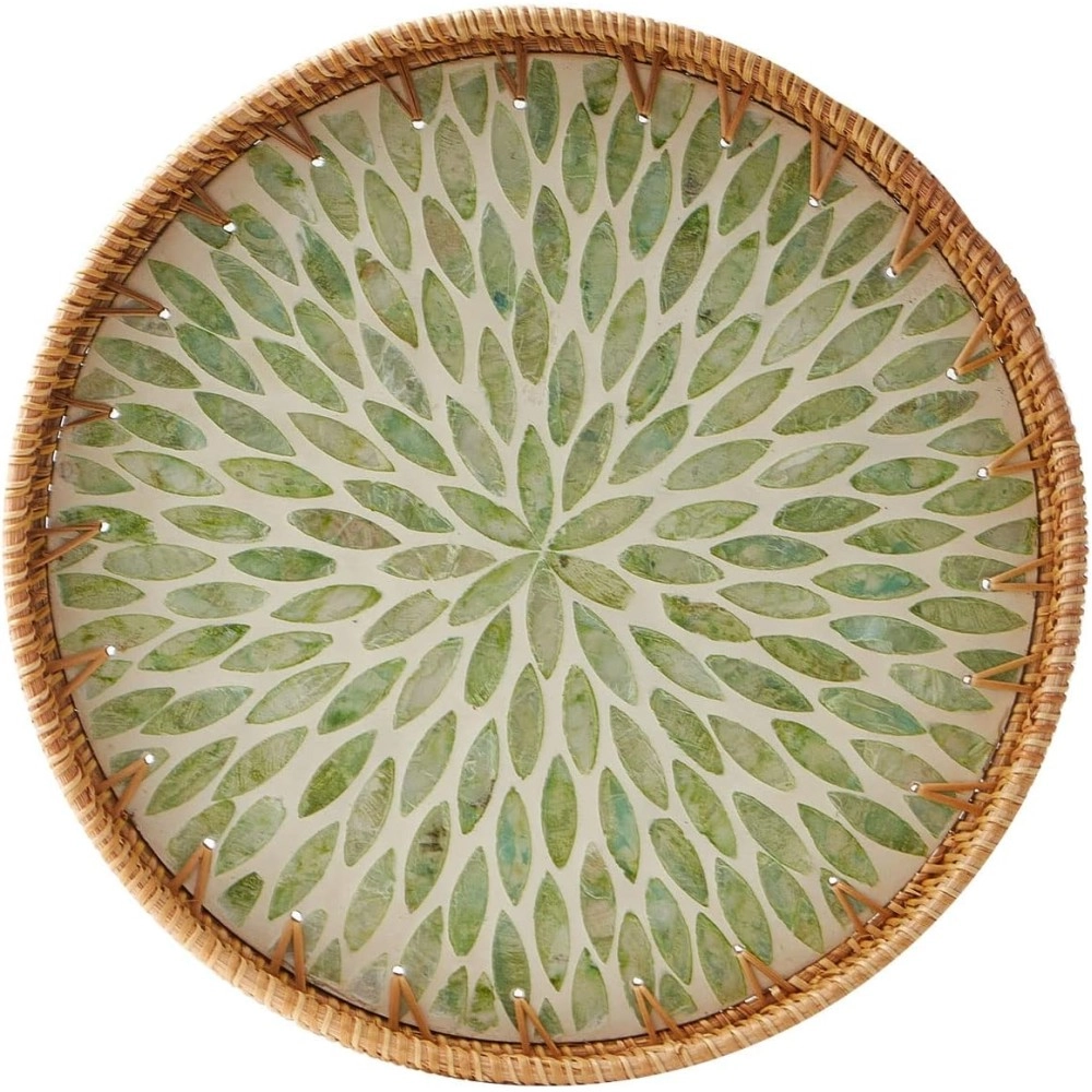 Round Rattan Tray with Mother of Pearl Inlay, Rattan Serving Tray with Wooden Base, Decorative Wicker Basket