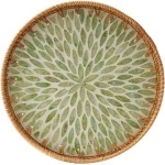 Round Rattan Tray with Mother of Pearl Inlay, Rattan Serving Tray with Wooden Base, Decorative Wicker Basket