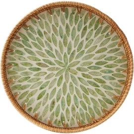 Round Rattan Tray with Mother of Pearl Inlay, Rattan Serving Tray with Wooden Base, Decorative Wicker Basket