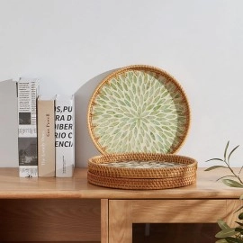 Round Rattan Tray with Mother of Pearl Inlay, Rattan Serving Tray with Wooden Base, Decorative Wicker Basket