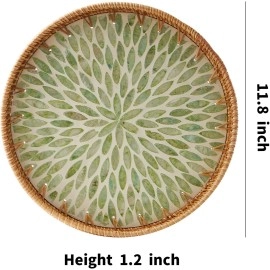 Round Rattan Tray with Mother of Pearl Inlay, Rattan Serving Tray with Wooden Base, Decorative Wicker Basket