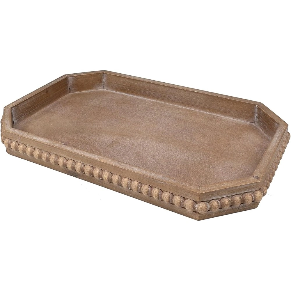 Wood Rustic Serving Tray with Beads, Farmhouse Brown Decorative Tray