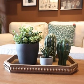 Wood Rustic Serving Tray with Beads, Farmhouse Brown Decorative Tray